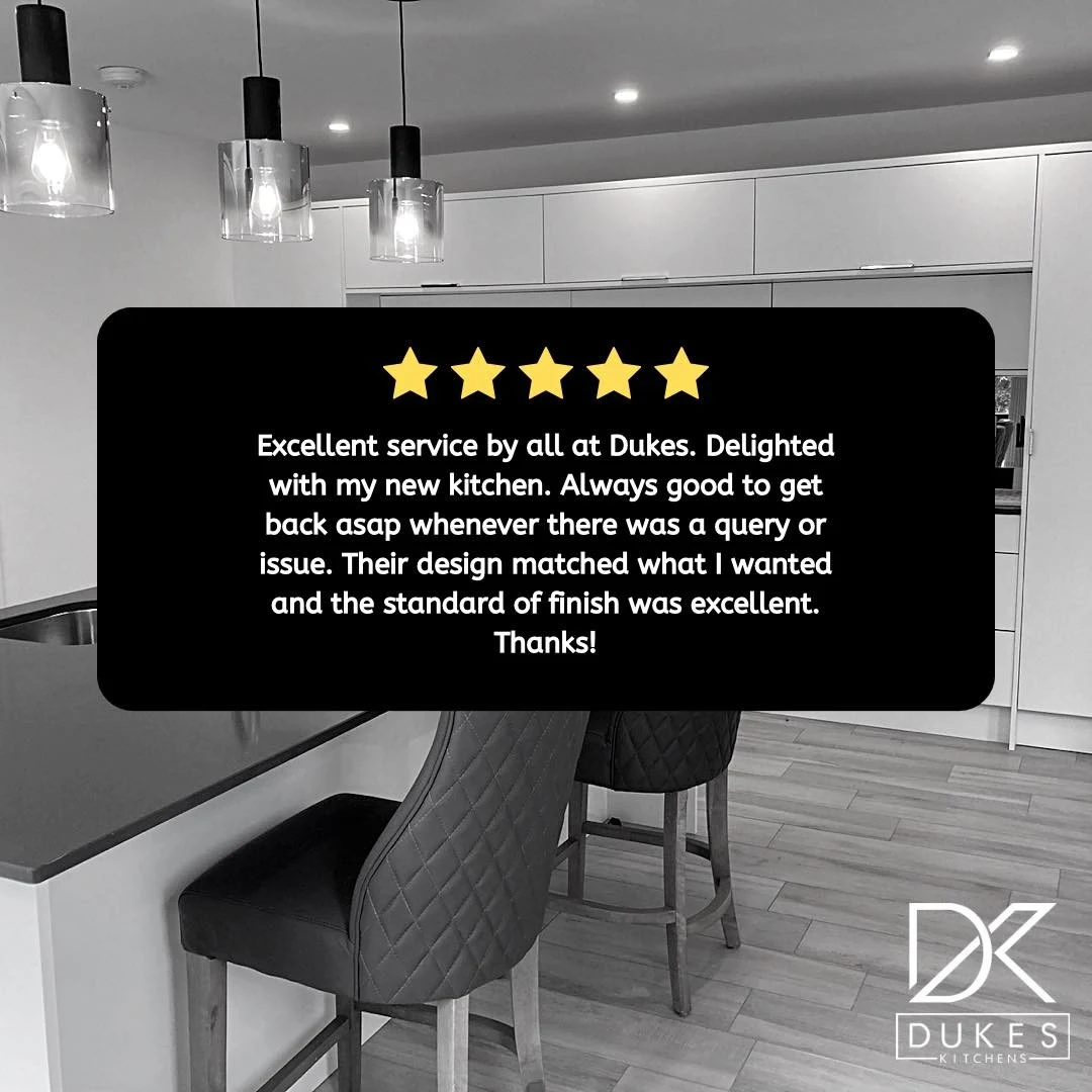 Contemporary matte white kitchen in Annagry with five-star review artwork